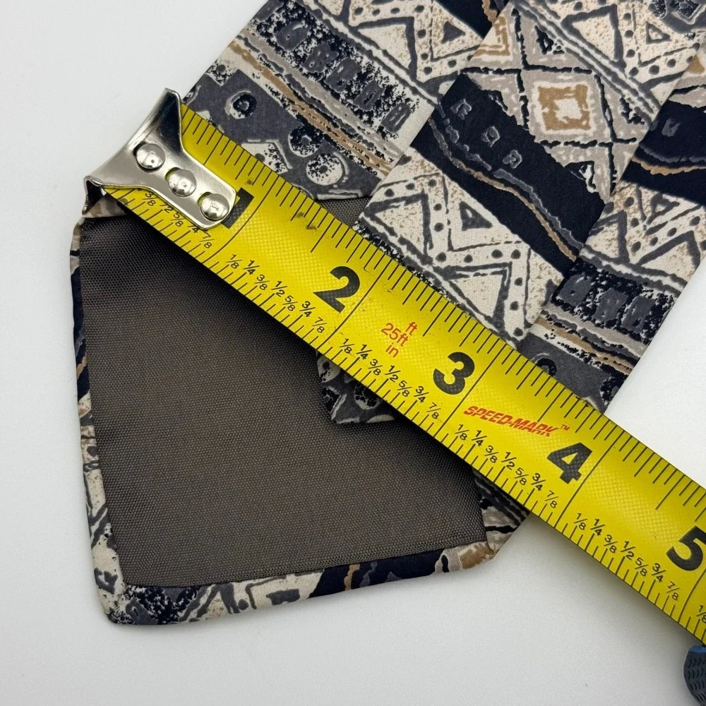 Oleg Cassini Mens Silk Tie Geometric Tribal Pattern Black Tan Made in USA 3.75in